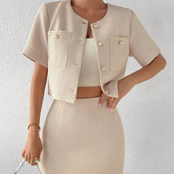 Apricot Preppy Womens Button Front Crop Jacket & Bodycon Skirt - Picture 1 of 5
